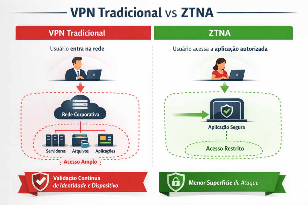 Comparativo entre acesso por VPN tradicional e acesso por ZTNA Fortinet